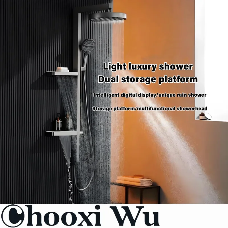 

Luxury Bathroom Shower System Wall Mounted LED Temperature Waterfall Rainfall Multi Function Shower Faucet Set with Storage Rack