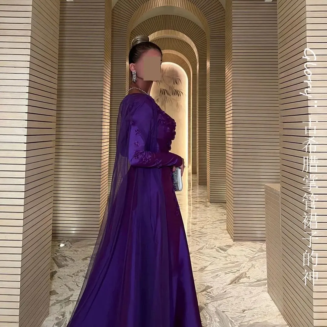 Purple Applique Evening Dress Party Hand made Flowers Prom Dresses Long Sleeves Square Neckline Saudi Arabia Satin Wedding Dress