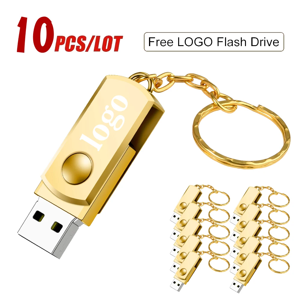 

10PCS/lot Rotatable Mini USB Flash Drive 16GB Free Logo Pendrive 64GB Silver Metal Memory Stick 32GB 100% Real Capacity U Disk