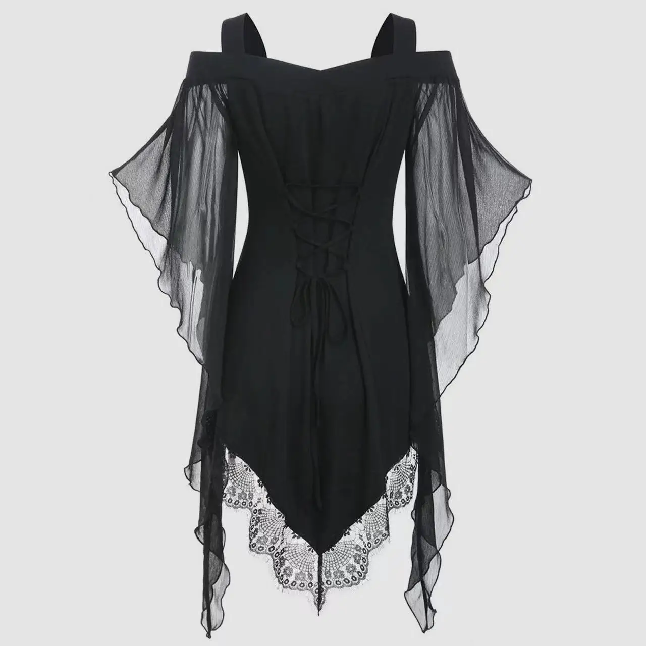 Cross-border New Arrival Women's Dress Gothic Swing Sleeve Irregular Splicing Lace Top Halter Tie Chiffon Blouse Fashion Dresses