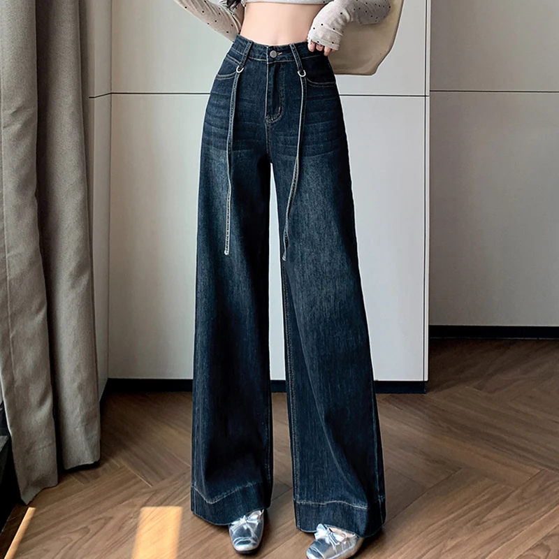 High Waist Wide Leg Stretch Jeans Women Autumn Winter Blue Drawstring Lace-up Denim Pants Female 2025 New Vintage Trousers