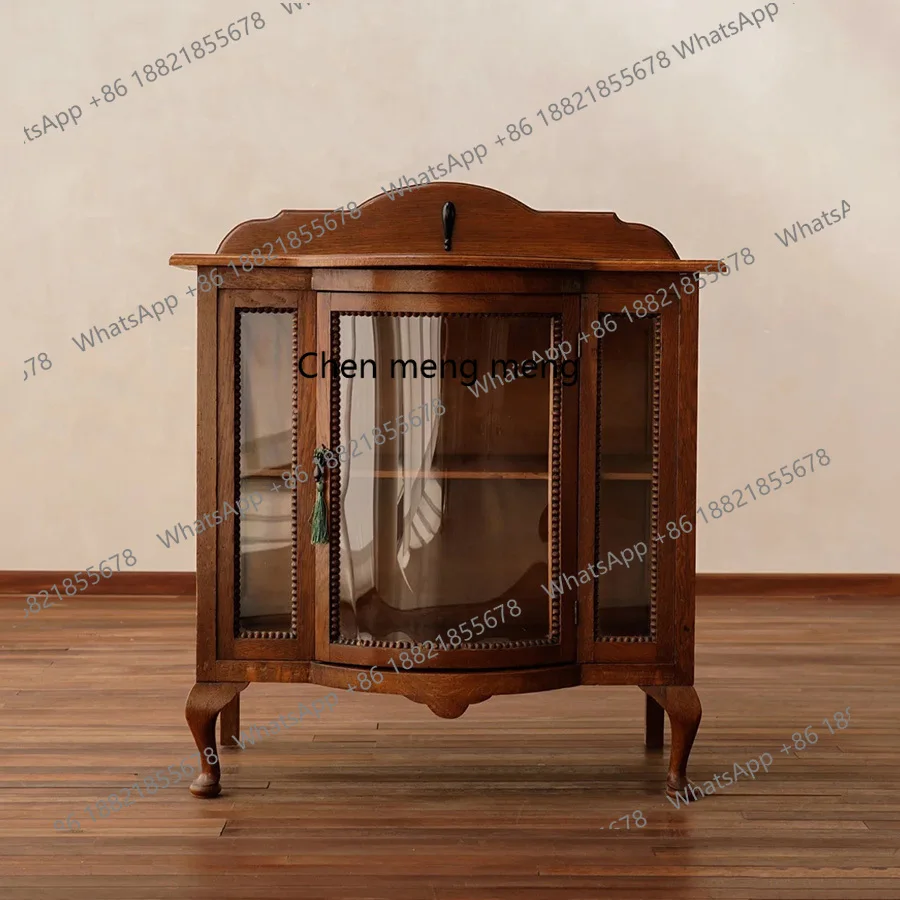 

French medieval style tea cabinet dining side cabinet European solid wood retro old carved glass display cabinet H