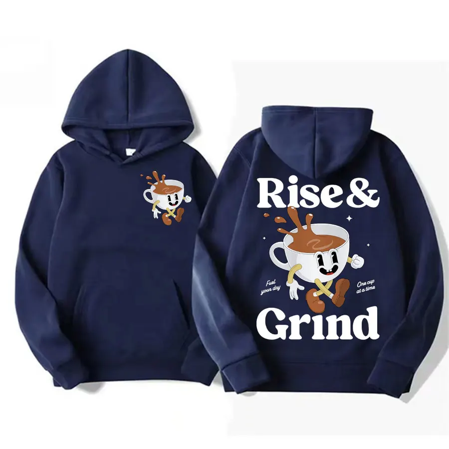 Rise and Grind Coffee Retro Inspired Cartoon Hoodies Unisex Caffeine Junkie Cool Sweatshirt Men's Casual Fleece Oversized Hooded