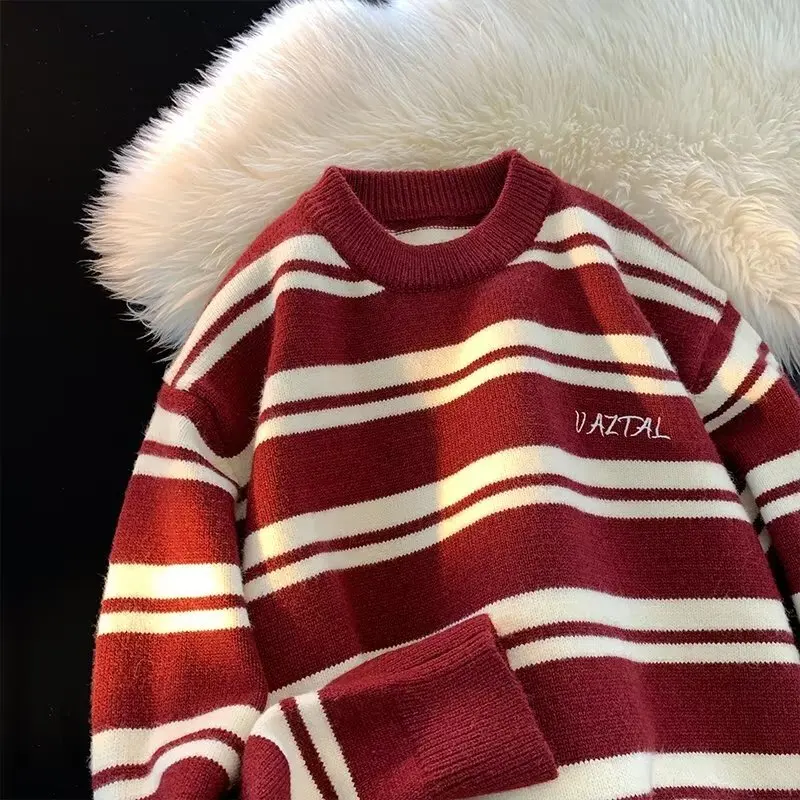 Thiened een Stripes Knitted Sweater Men's Autumn Winter Color Blo round Ne American Lazy Sle Outerwear for Teens