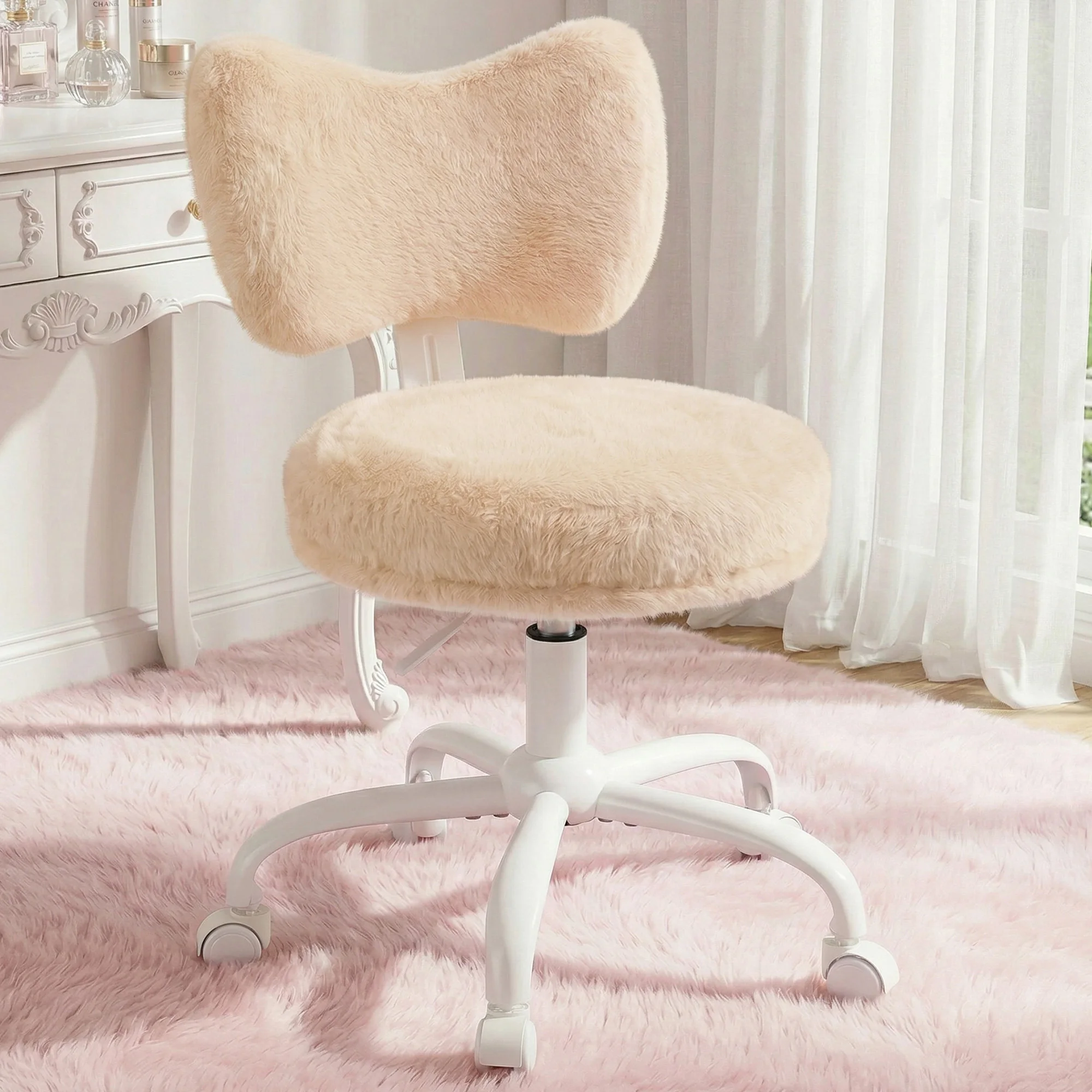 EnHomee  Cute Bow Back Vanity Chair with Wheels, Fluffy Faux Rabbit Fur Desk Chair, Height Adjustable Ergonomic Computer Chair, Portable Makeup Chair for Bedroom Dorm Home Office view 2