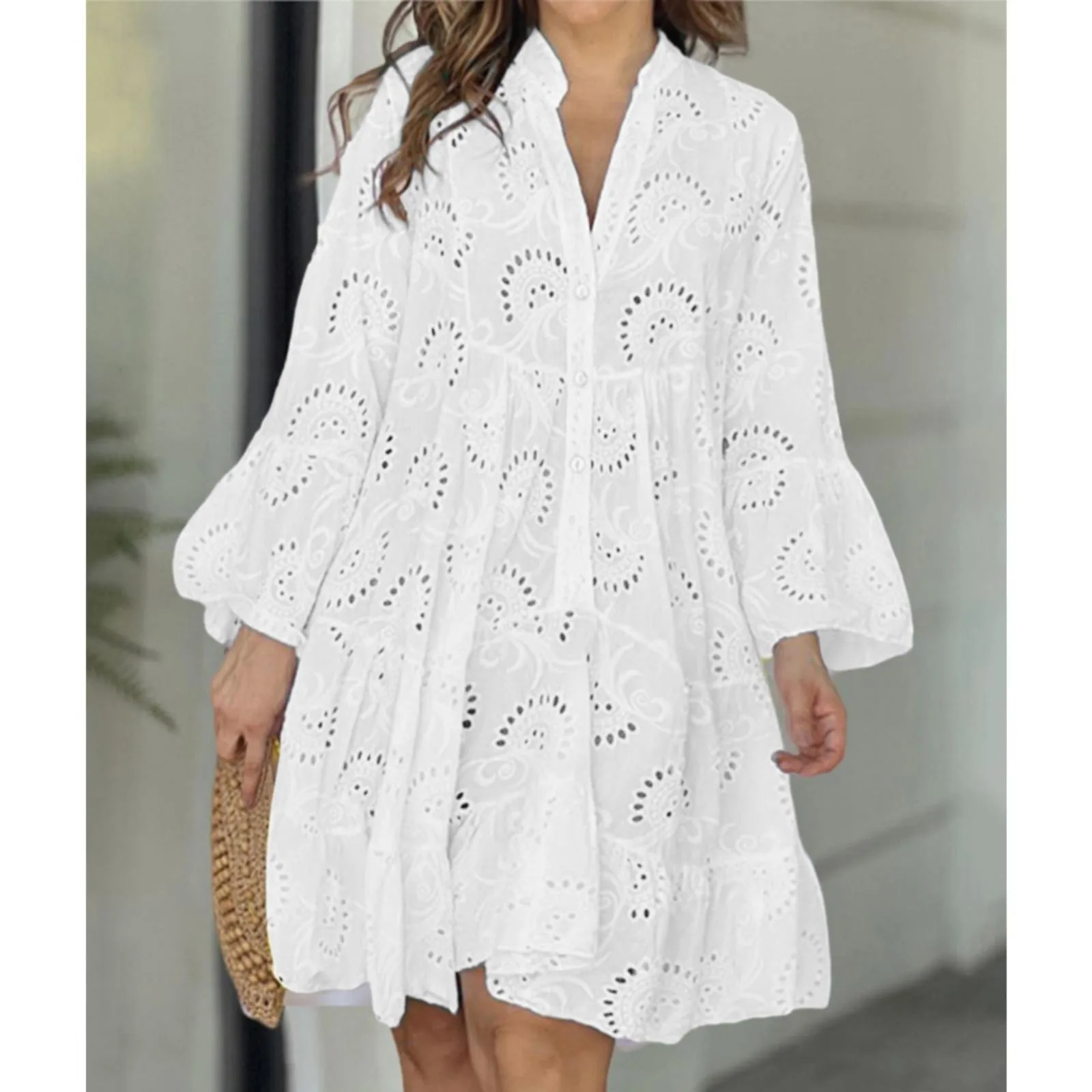 

Women's Europe And The United States Spring And Summer Solid Color V Neck Loose Embroidered Hollow Lace Flower Sexy Dress