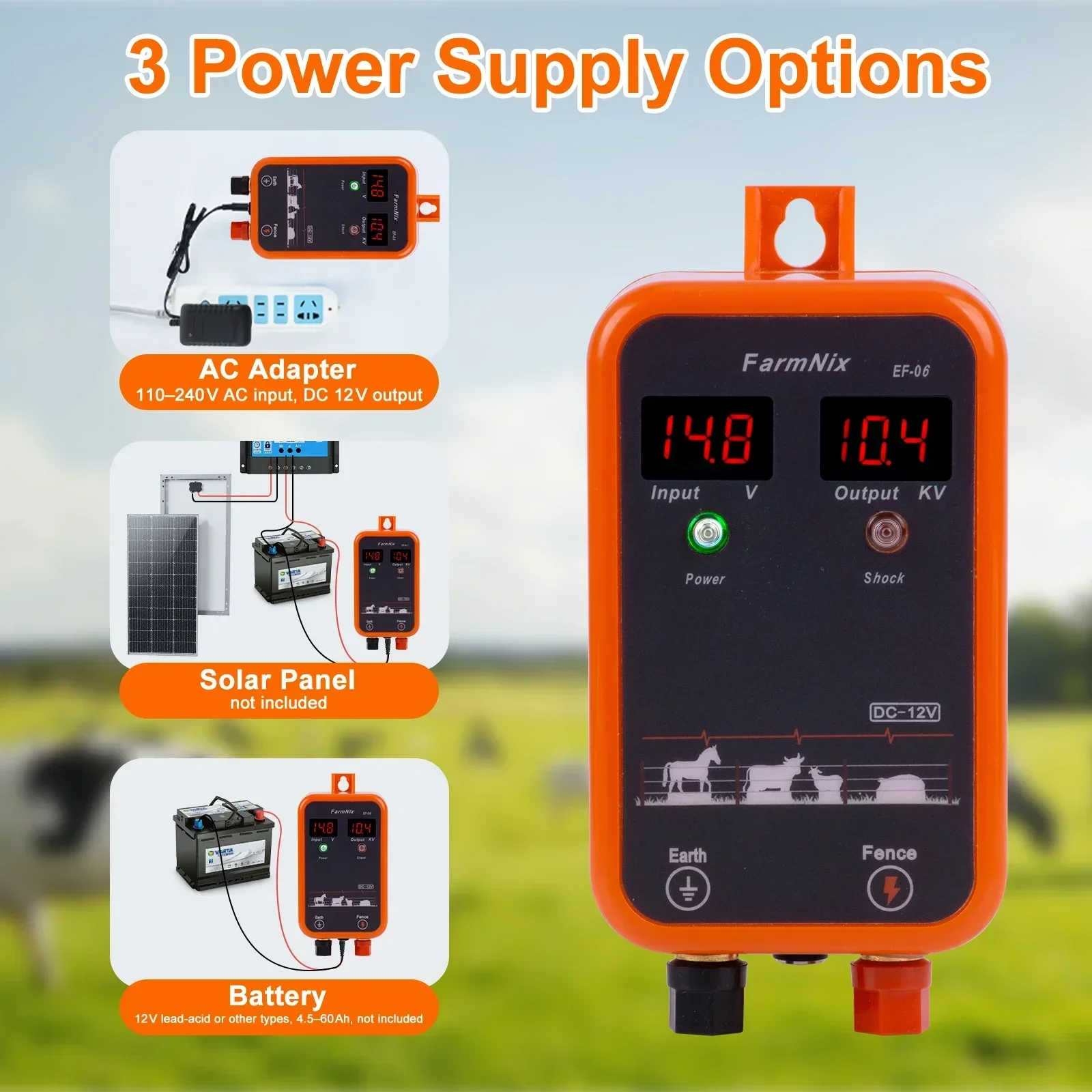 8KM Electric Fence Energizer Controllerr 10KV 1.0J Fence  Charge for 24-Hour Uninterrupted Farm Livestock Predator Protection