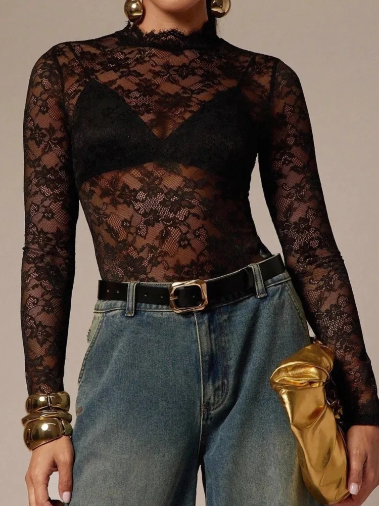 2026 Women's Lace Bodysuits Fashion Sexy Solid Color Long Sleeve Stand Collar Slim Fit Transparent Romper Spring Street Jumpsuit