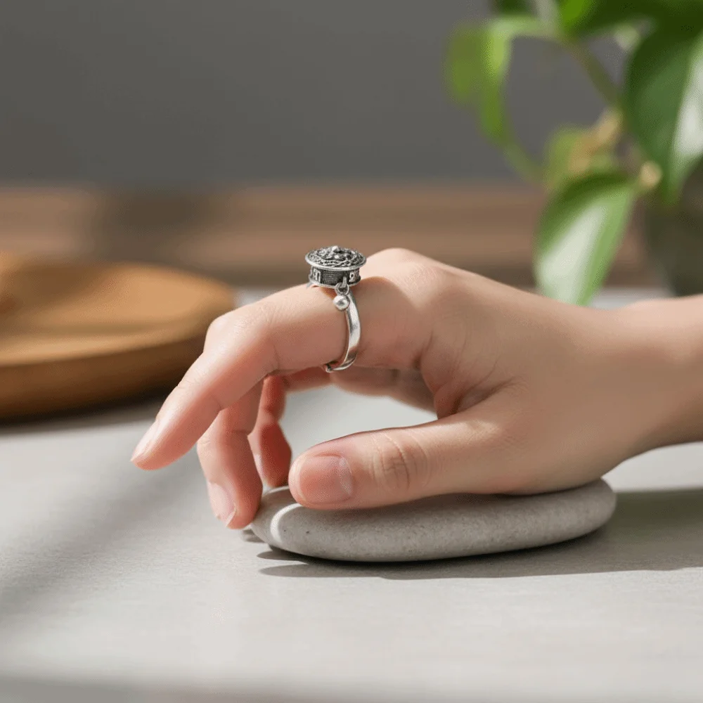 Tibetan Rotatable Spinner Ring Open Flower Fortune Wealth Ring Ethnic Style Adjustable Vintage Ring Women