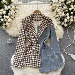 Chic Women Irregular Denim Patchwork Plaids Suits Jacket Turn Down Collar Checked Spliced Blazers Coat OL Cardigan Tops Outwear