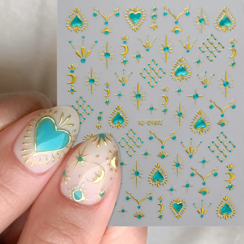 1 stks 5D Bronzing Blue Crystal Star/Zon/Maan Nail Art Sticker Metallic Boheemse Stijl Nail Decals 8*10 cm Lijm Manicure Slider