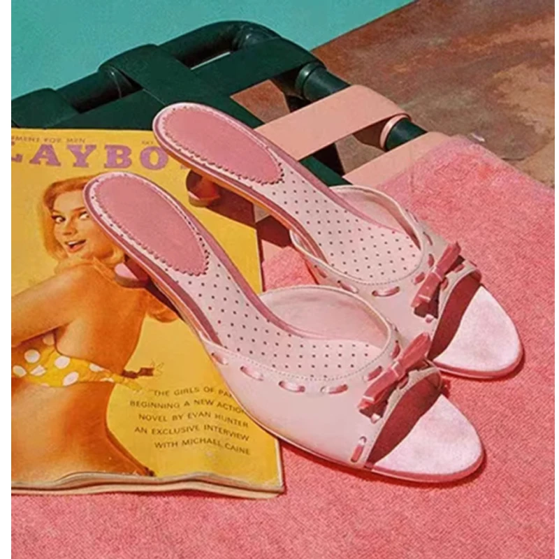 

Pink Bow Open Toe Heart Heel Slippers Woman Summer 2025 Mixed-Color Print Spot High Heel Sandals Fashion Shoes for Women