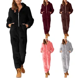 Winter Warm Sleepwear Women Loose Hooded Jumpsuit Casual Pajamas Solid Zipper Artificial Wool Long Sleeve Solid Pajamas