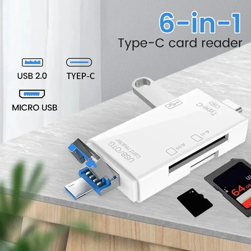 1-4pcs 6 in 1 Type C Micro USB Portable SD Memory Card Reader High-speed Transmission Adapter For PC & Laptop