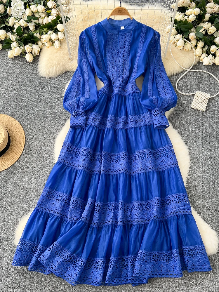 

Spring 2025 Women's Vintage Slimming Long Sleeve Dress Elegant High Waist Lantern Sleeve Embroidered Maxi Skirt Single Piece