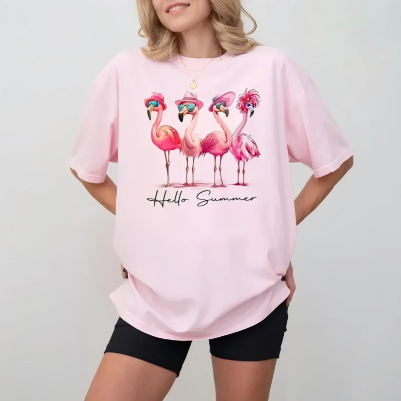

Flamingo Cute Beach Shirt Summer T-Shirt Tropical Animal t shirt Summer Vacation tshirts Short Sleeved Fashion Women Tops