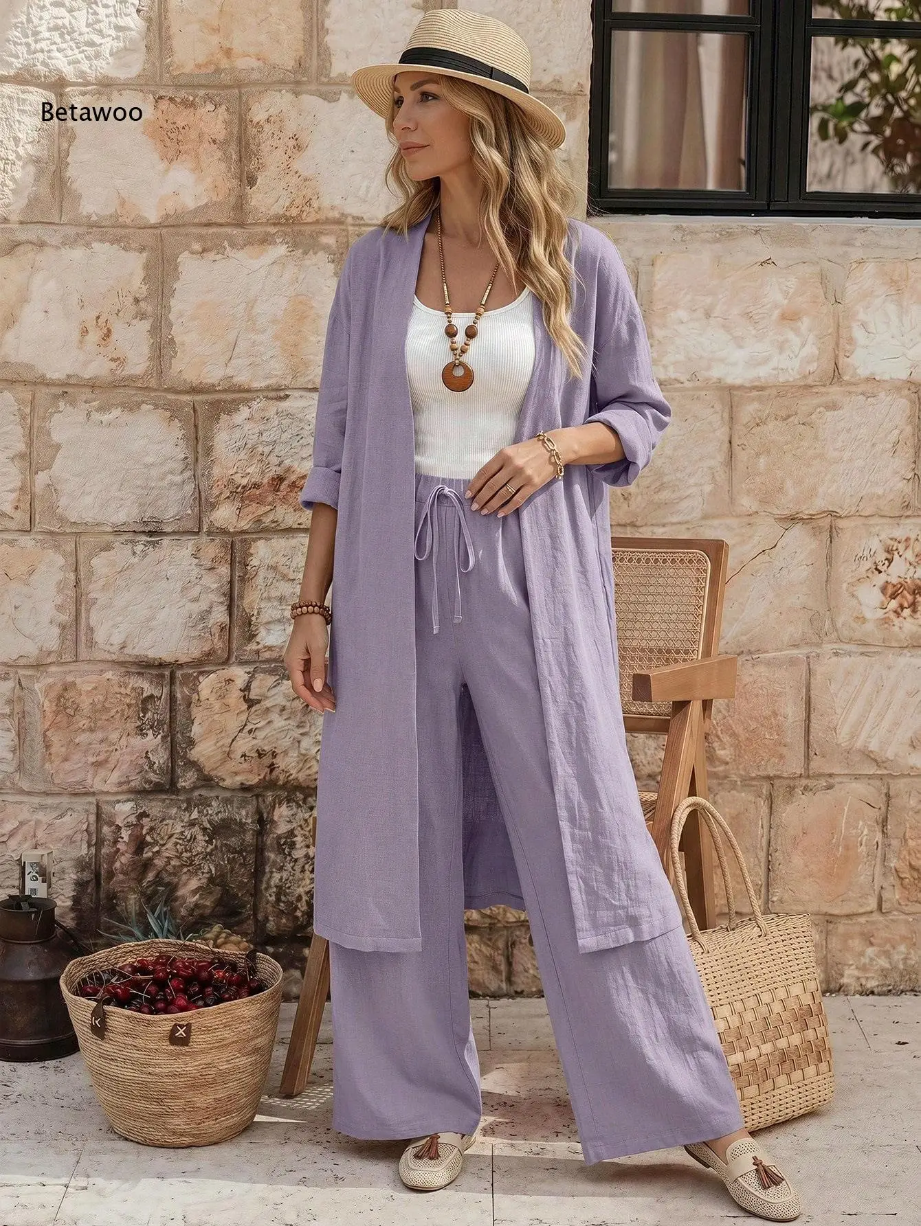 Women Two Piece Outfit Long Open Front Cardigan and Elastic Waist Wide Leg Pants Set Loose Casual Suit for Vacation Daily Wear view 3