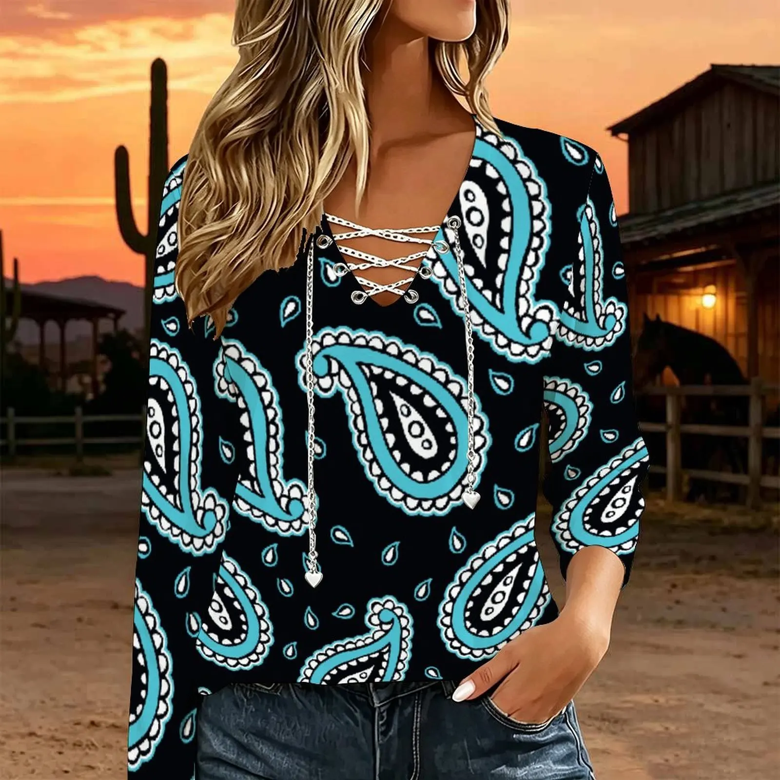 Women V Neck Long Sleeve Top Metal Chain Criss Cross Lace Up Cutout Loose Casual Blouse Custom Print Ladies Western Style Tee