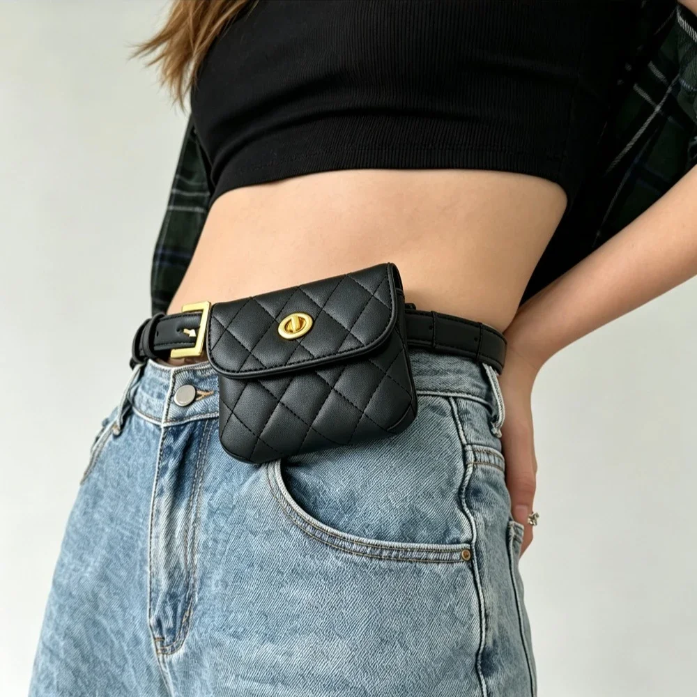 Women Quilted Detachable Waist Bag, Adjustable Belt with Mini Pouch, Gold Hardware Turn Lock Fashion Fanny Pack for Daily Street