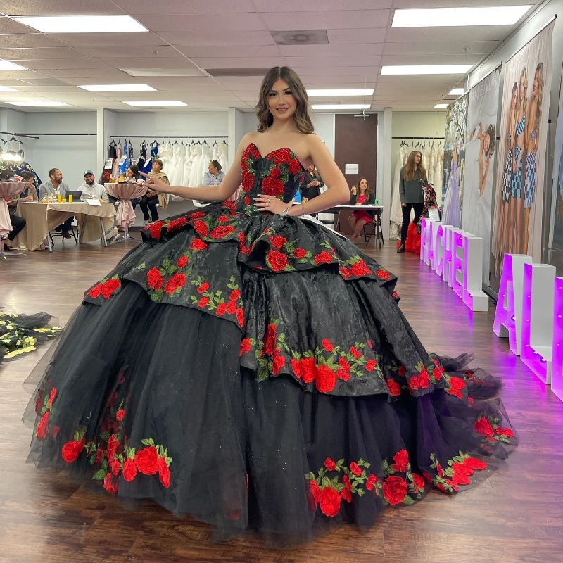 

Black Mexican Princess Quinceanera Dresses Off The Shoulder Floral Embroidery Tull Corset Lace-up vestido 15 años quinceañera