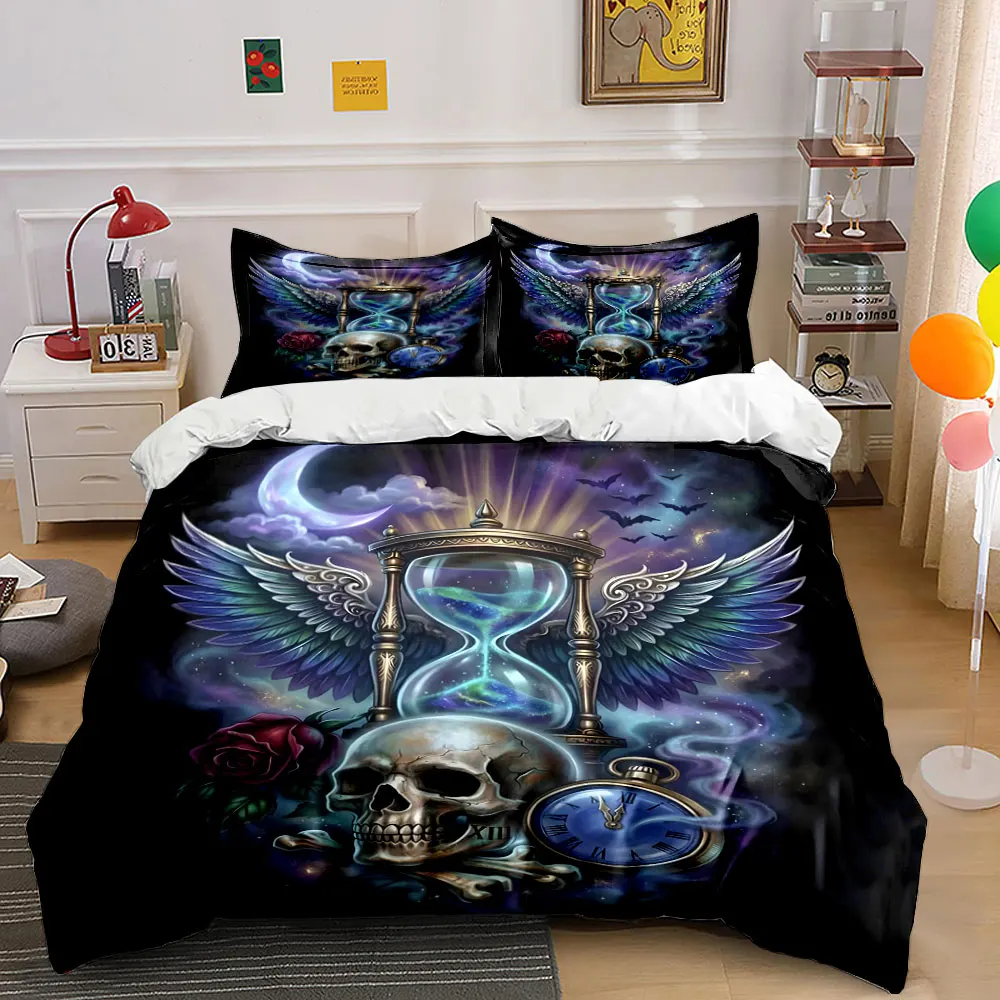 Vintage Skull Hourglass Duvet Cover Design Print Bedding Set 1 Duvet Cover 2 Pillowcases for Adult and Children Luxury Gift