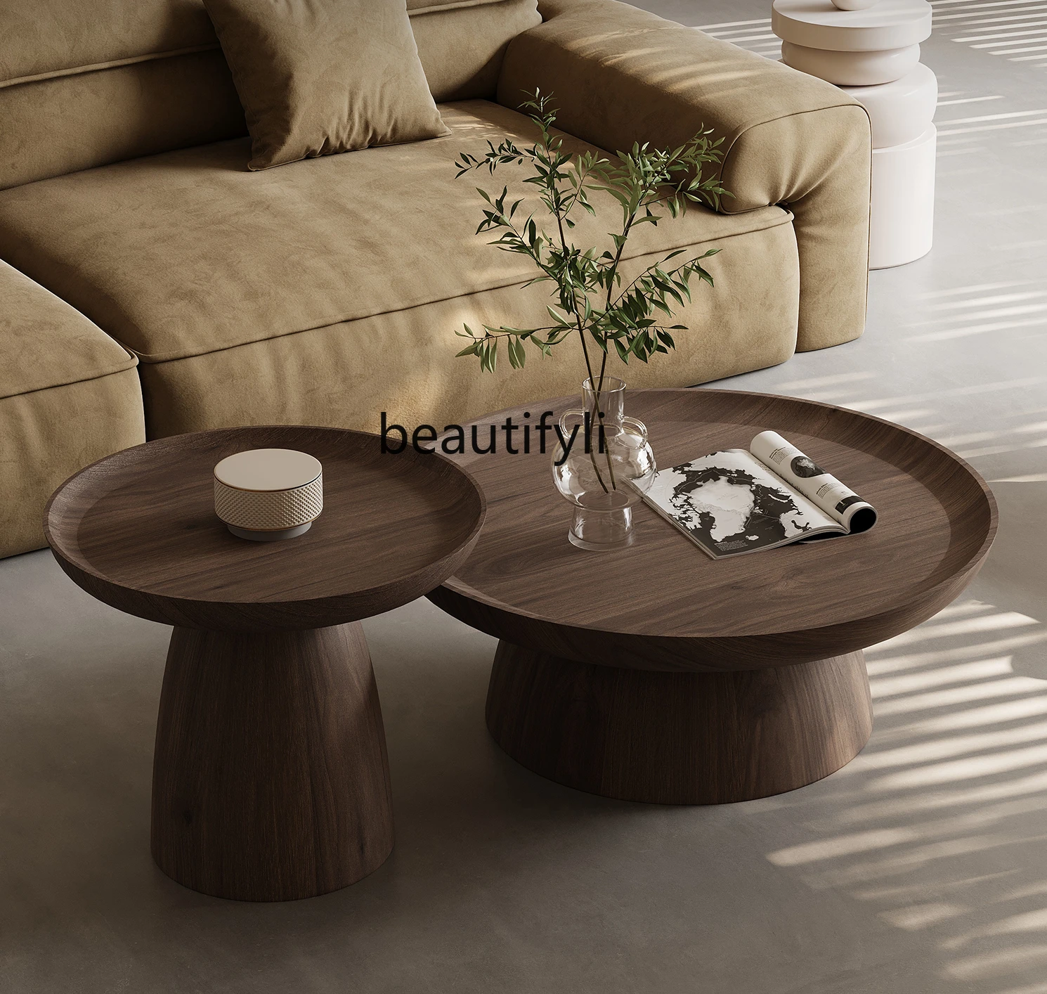 Light Luxury Qiji Style Coffee Table round Home Living Room Small Apartment Walnut Designer Solid Wood Art Italian Minimalist