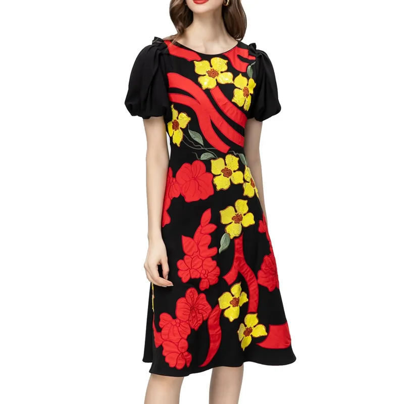 

Heavy Beaded Women Dress Fashion O-Neck Flower Embroidery Black Dresses