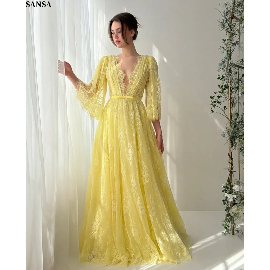 

Sansa Customized Creamy yellow V-Neck Ball Gown Tulle Prom Dresses Floor-Length Lace-Up vestidos de noche Formal Evening 2026