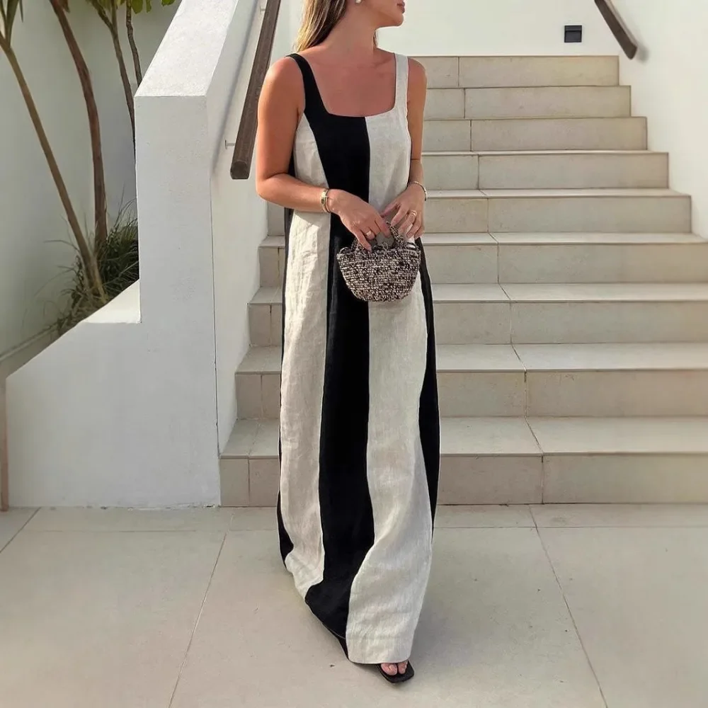 Women Summer New Linen Cotton Color Block Backless Maxi Dress Elegant Casual Ladies Vacation Soft Breathable Comfy