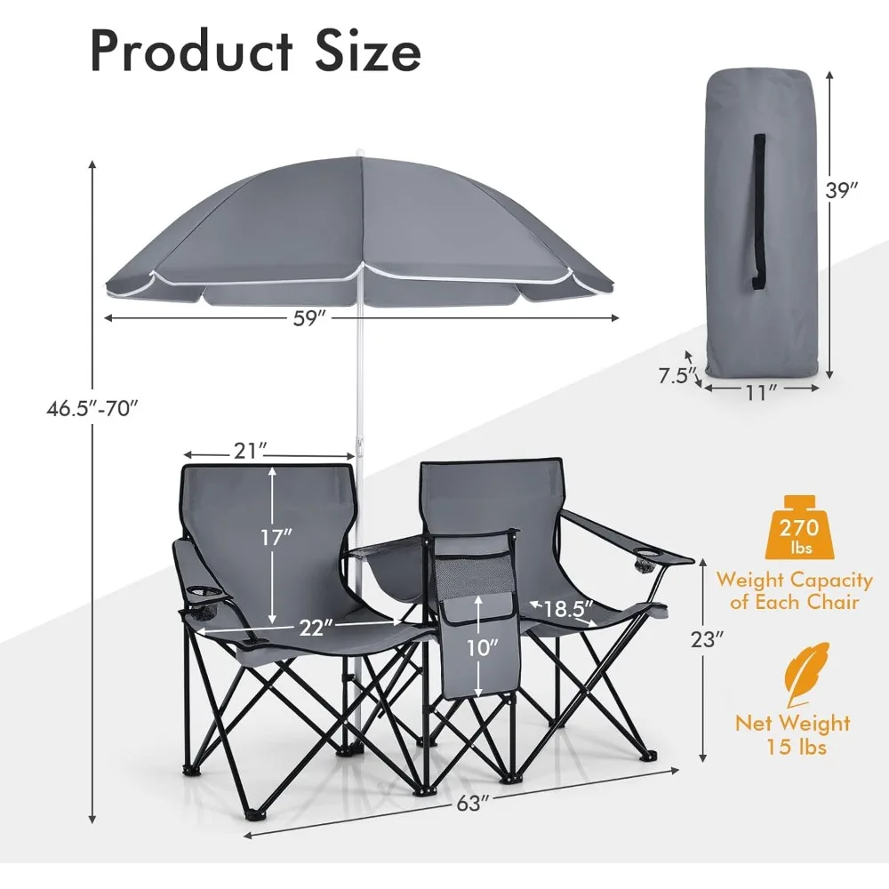 كراسي تخييم قابلة للطي مع مظلة قابلة للإزالة، حاملات أكواب، حقيبة تبريد، جيوب جانبية، حقيبة حمل لشخصين، مثالية للاستخدام في الهواء الطلق