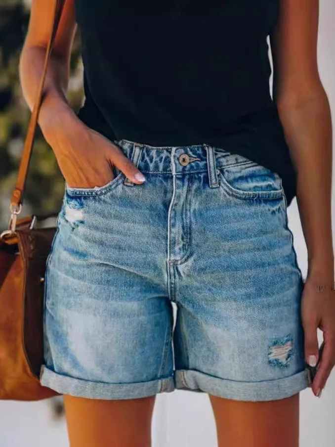 

Fashionable TUMU Women's Summer Casual Hole Punch Straight Leg Denim Shorts High Waist Jeans Fabric No Stretch High Waist
