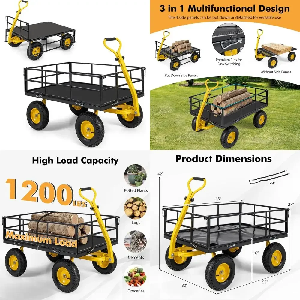 

Mesh Steel Garden Cart with 1200 lbs Capacity, 4 Detachable Sides, 13 Pneumatic Tires, Adjustable Handle, and Bungee Cord