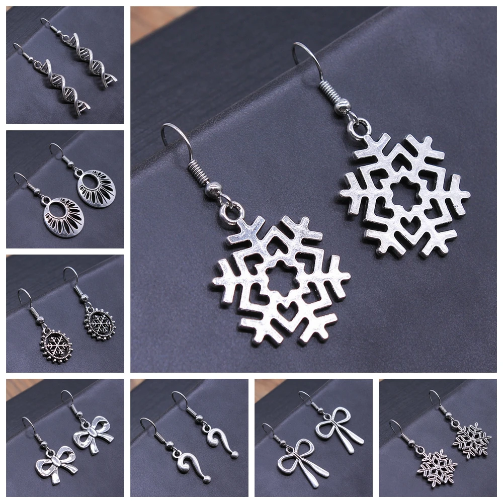 Geometric Shaped DNA Snowflake Bow Knot Infinity Dangle Earrings Vintage Antique Silver Color Earrings For Women Girl Gift