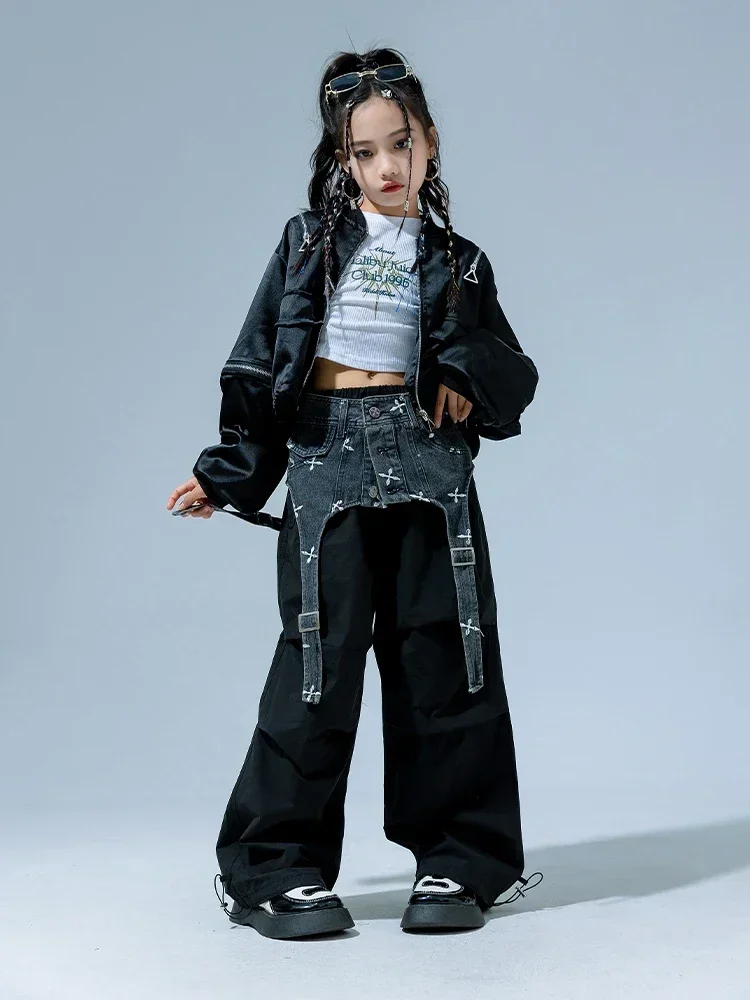 Street Dance Wear Ballroom Hip Hop Stage Costumes Children'S Jazz Dance Performance Clothing Girls Denim Waistband Suit