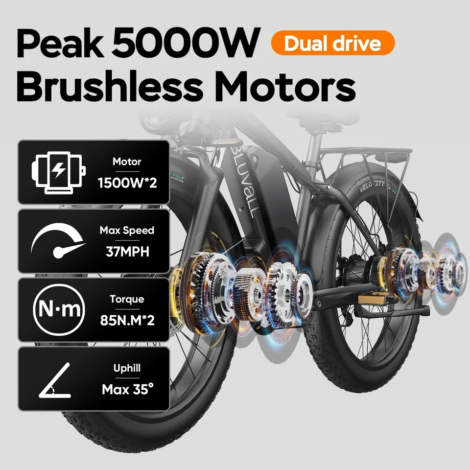 US Stock B1 Electric Bike Adults 5000W Peak 1500W*2 AWD Motor 48V 25Ah Battery 180N.m Torque 37MPH Fat Tire Ebike 26x4.0 All-Terrain Bicycle image 5