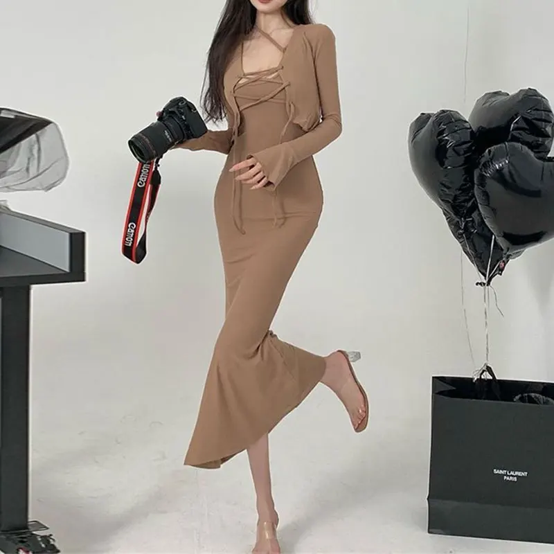 Solid Patchwork Long Sleeve Suspender Dress Two-piece Set Elegant Fashion Harajuku Female Clothes Loose Casual All Match Dresses