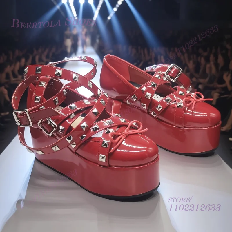 

Thick Flat Pump Red Rivet Strip Ballet Hollow Sandals Girls Black Round Heightened Wedge Heels Belt Buckle Sugarbaby Lolita Shoe