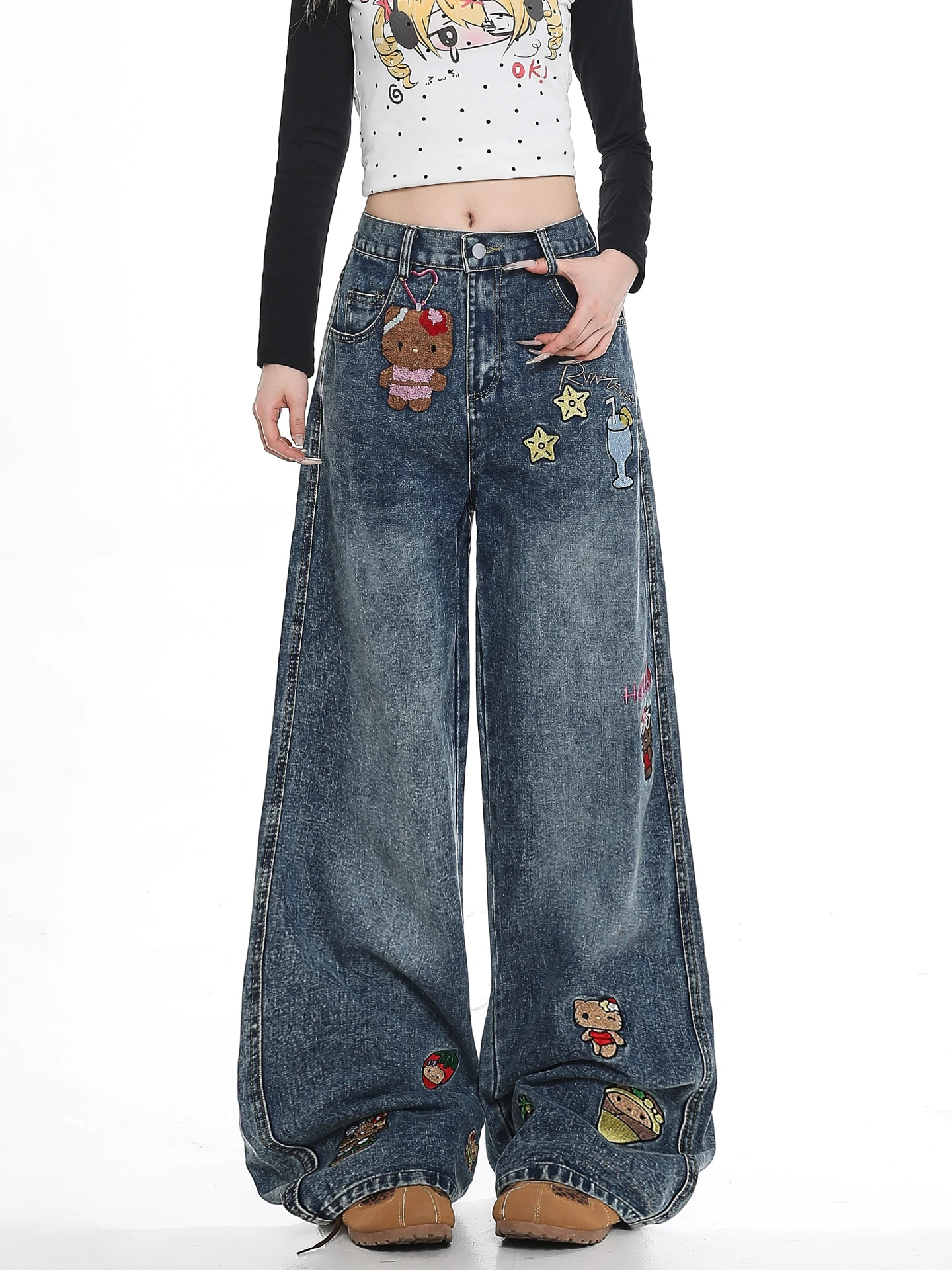 American Style Cartoon Embroidery Jeans Women's Loose Slim Straight Leg Floor-Length Pants Casual Natural Waist Cotton Zipper