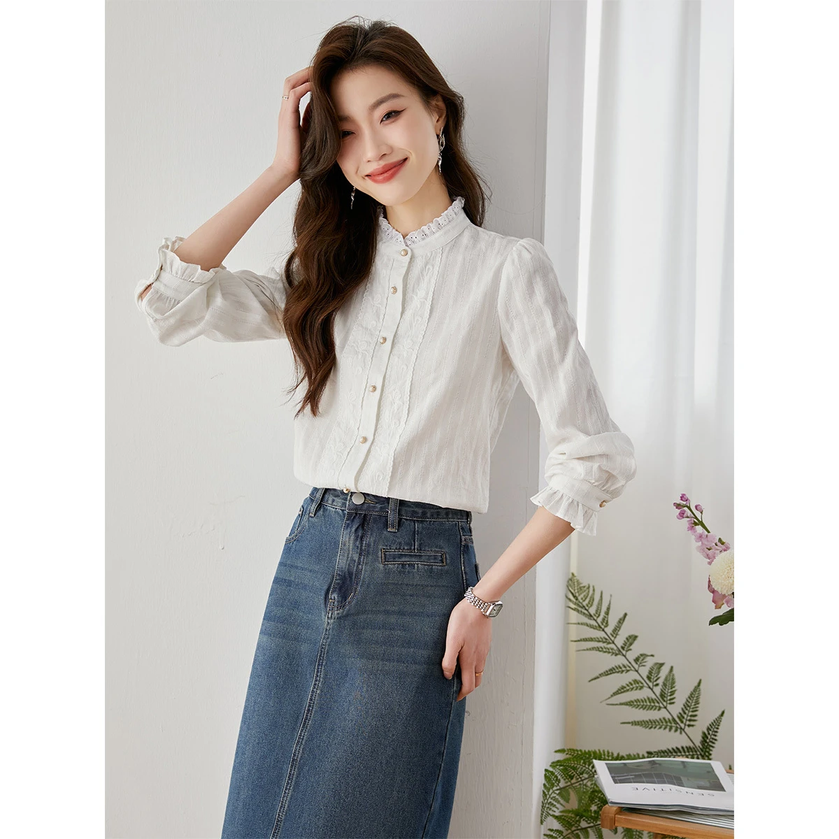 

VIMLY, французские рубашки с воротником-стойкой, женские осенние 2023, новые блузки с рюшами и вышивкой, однотонные женские топы с длинными рукавами V7990