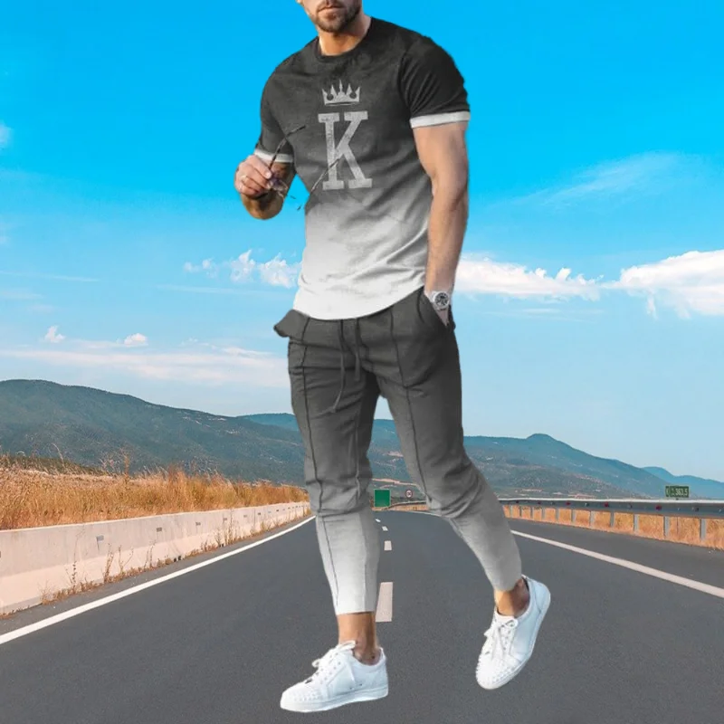 3D Color Pattern Casual Oversized Clothes Summer Sportwear Suit Short Sleeve T Shirt Long Pants Men 2 Piece Sets Men Tracksuit