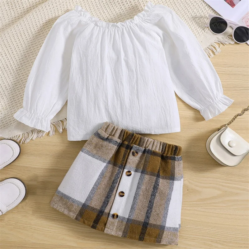 Kids Girls Fall Clothes Set Long Sleeve Off-shoulder Ruffle Trim T-shirt Tops with Plaid Single-breasted Skirt 2-pieces Outfit