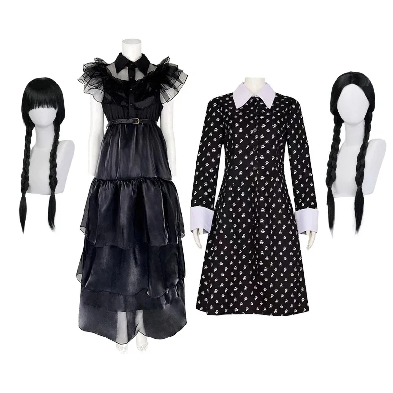 미국 드라마 영화 TV 가족 코스프레 의상 가발 성인 어린이 블랙 고딕 프린트 드레스 할로윈 의상