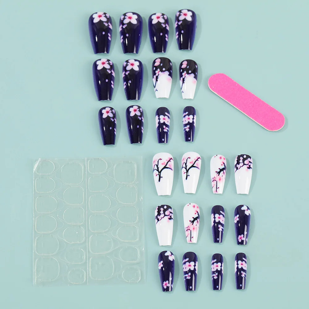 White purple fake nails for women girls Ballet nail tips with flowers printing full cover reusable press on false nail art set