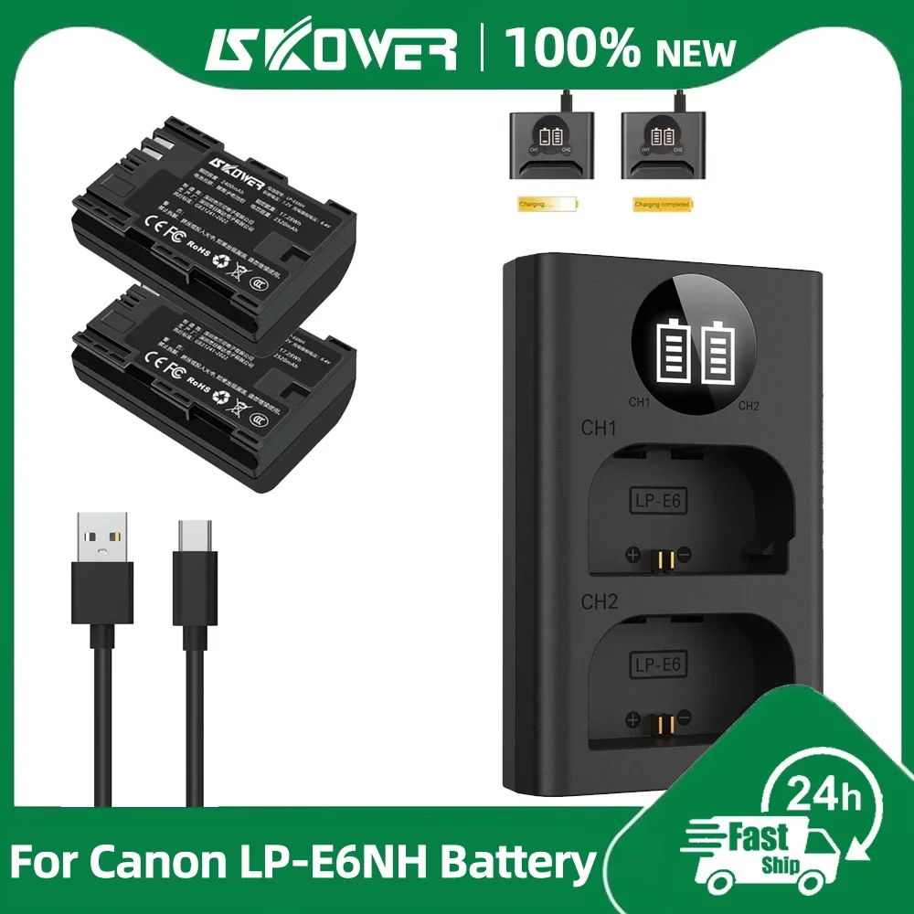 2520mAh LP-E6NH Battery for Canon EOS R7 R6 R5 R/C 5D Mark IV III 5DS 60D 70D 80D 90D 6D 7D Mark II Cameras E6 E6N Dual Charger