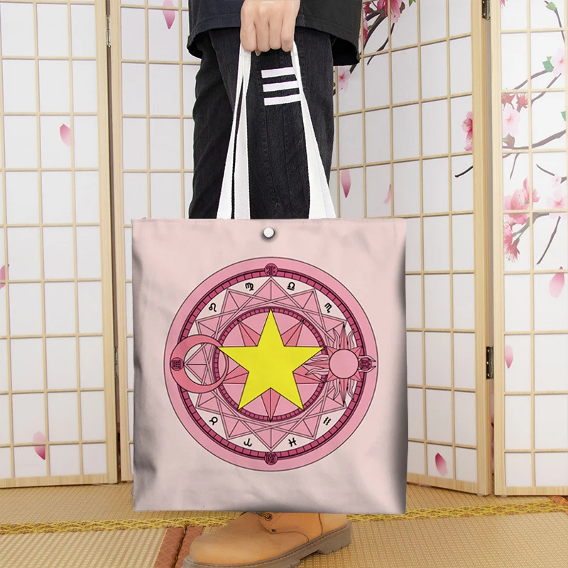Anime Card Captor 사쿠라 숄더백 기노모토 사쿠라 귀여운 캔버스 쇼핑 토트 백 팬 컬렉션