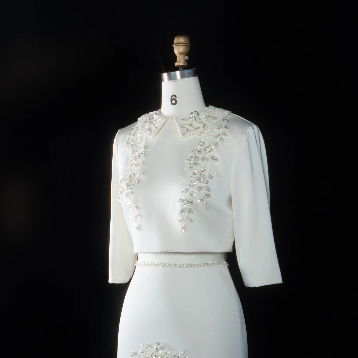 Sharon Said Beige Satin Zweiteiliges Abendkleid mit schweren Pailletten, floralen Perlenstickereien, A-Linie, formelle Partykleider SS214, maßgeschneidert – Detail 8