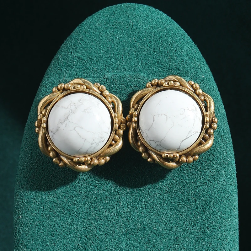

Bohemian Jewelry Vintage Round White Natural Stone Studs Earrings For Woman Antique Gold Color Accessories Mother Day Gift 2025