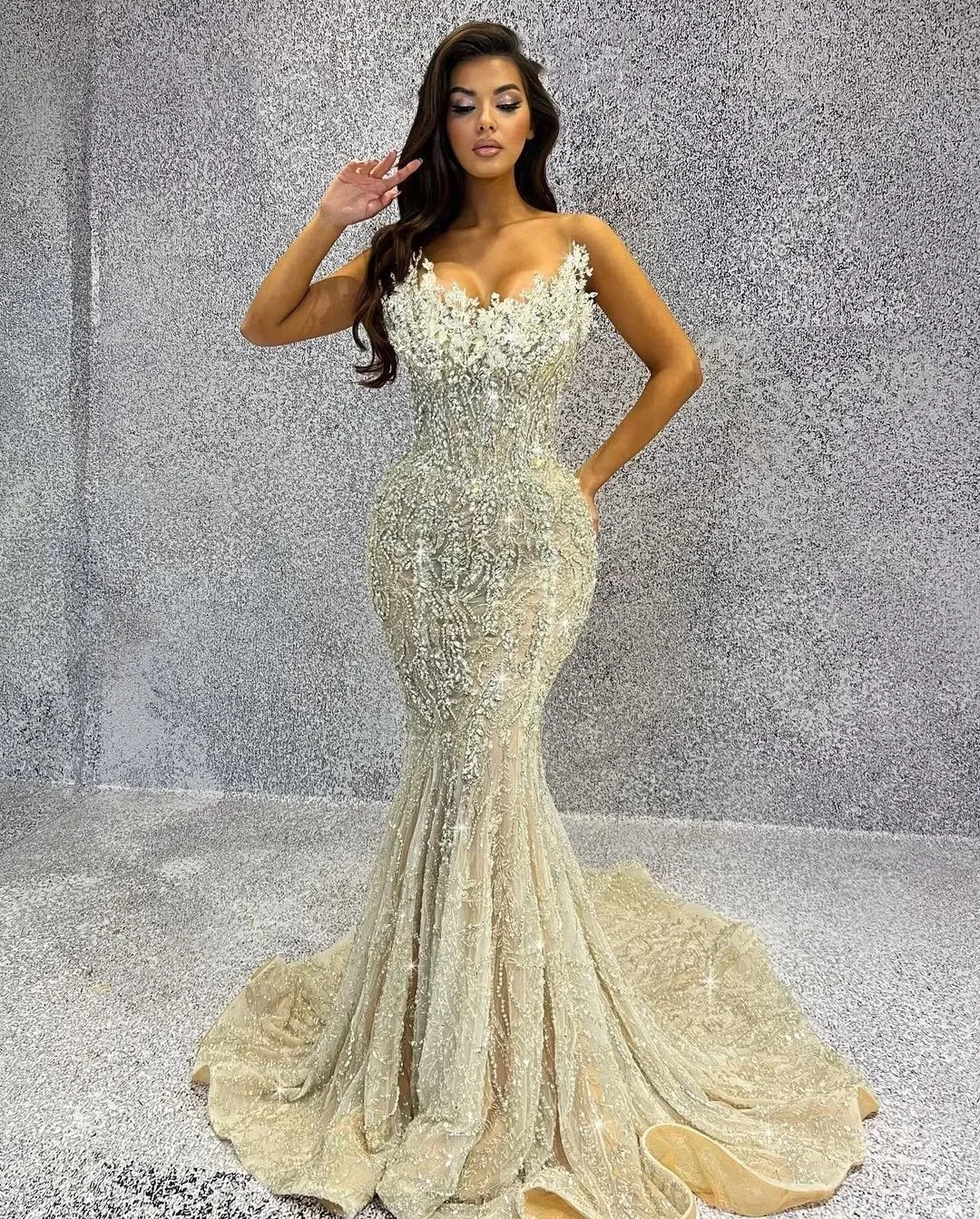 Sparkly Mermaid Evening Dresses Sleeveless V Neck Beaded crystal Prom dress Floor Length Applique Formal Dresses