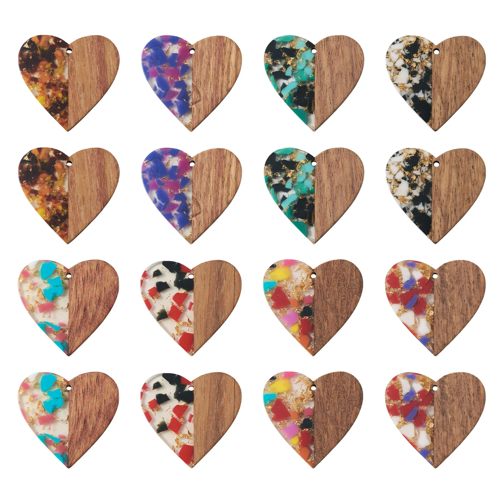 Pandahall 16Pcs Heart Foil Transparent Resin Natural Wood Pendants Charms for DIY Dangle Earrings Jewelry Making