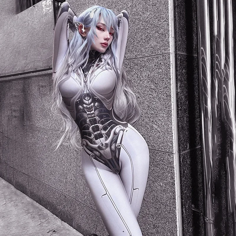 

Goth Dark 3D Printed Cosplay Bodycon Jumpsuits Y2k Techwear Long Sleeve Gothic Punk Playsuits Anime Women Mock Neck Zip Bodysuit